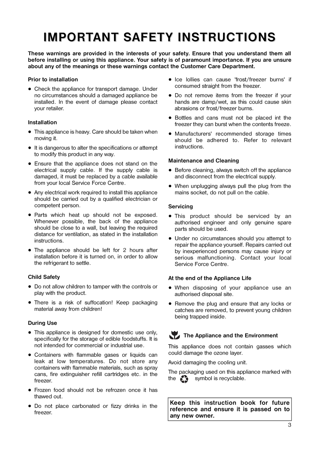 Tricity Bendix TB 44 UF installation instructions Important Safety Instructions 