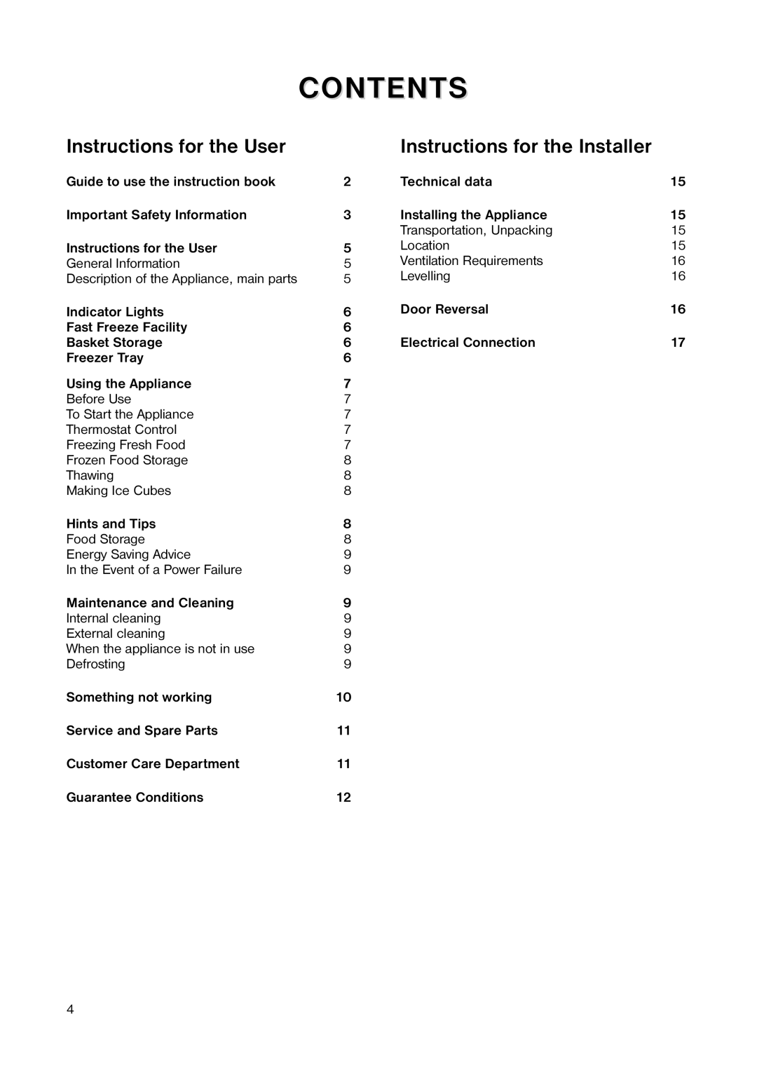 Tricity Bendix TB 44 UF installation instructions Contents 