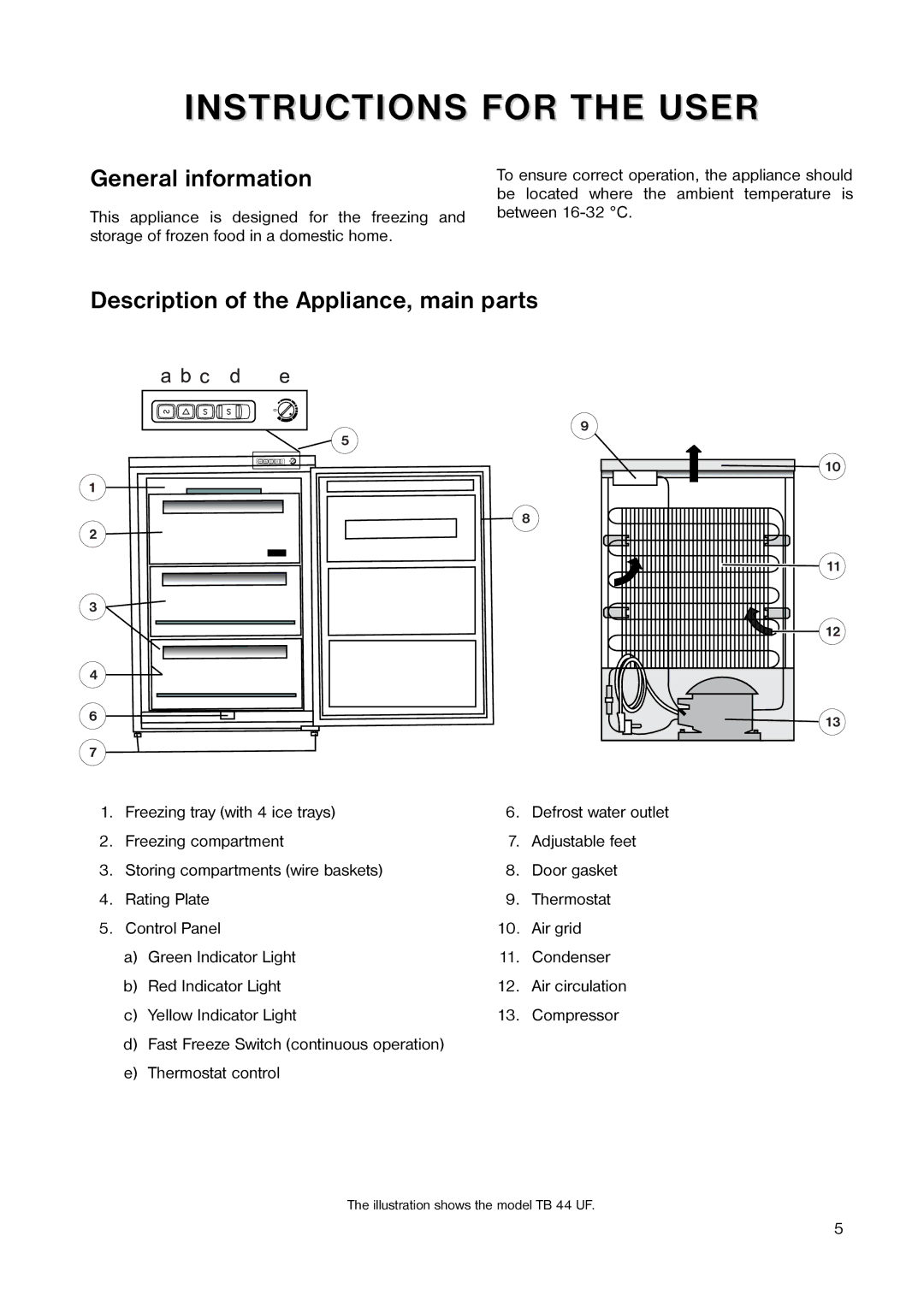 Tricity Bendix TB 44 UF installation instructions General information, Description of the Appliance, main parts 