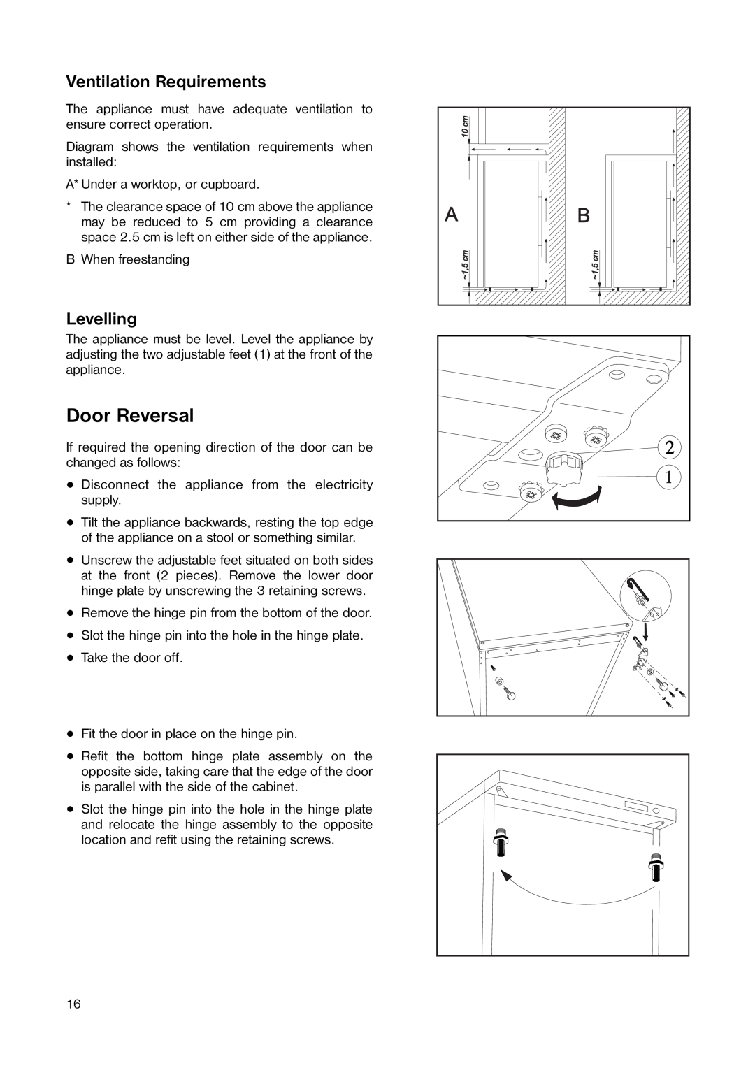 Tricity Bendix TB 44 UF installation instructions Door Reversal, Ventilation Requirements, Levelling 