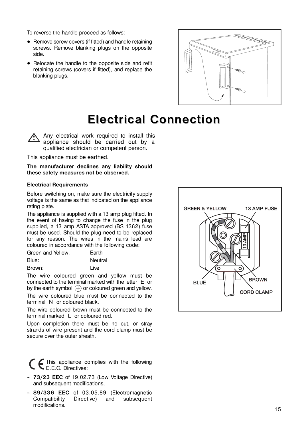 Tricity Bendix TB 45 UF installation instructions Electrical Connection, Brown Live 