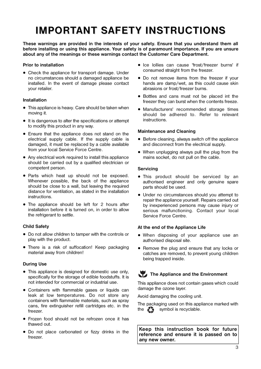 Tricity Bendix TB 45 UF installation instructions Important Safety Instructions 