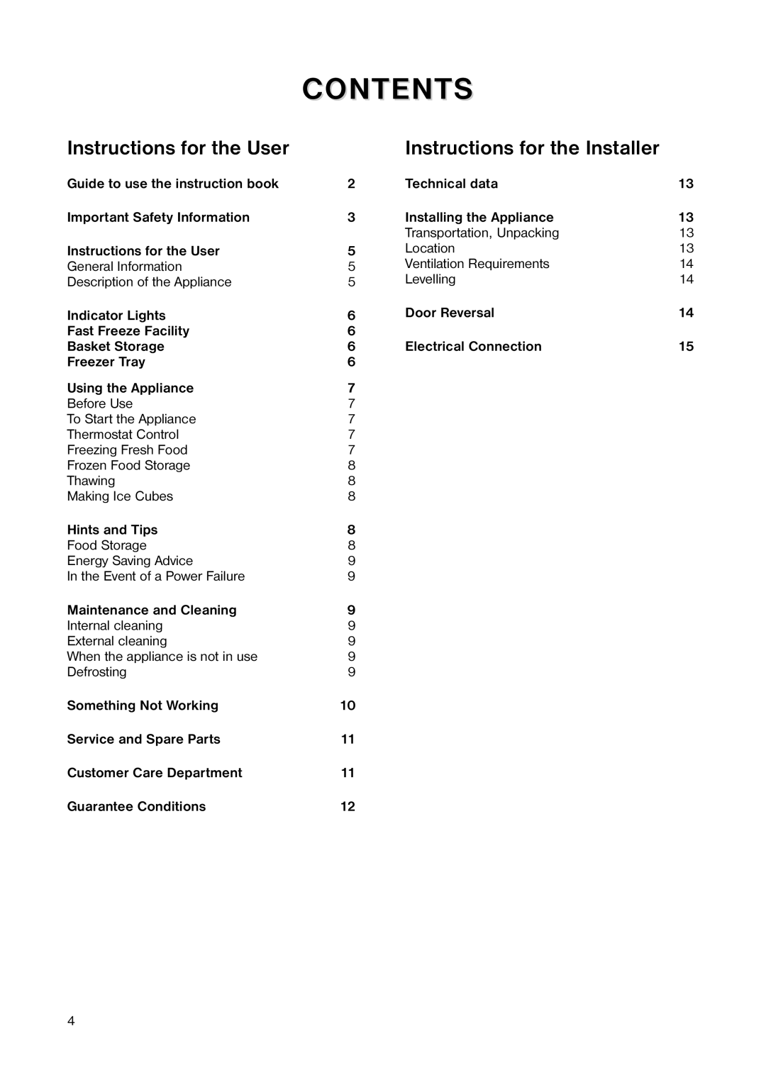 Tricity Bendix TB 45 UF installation instructions Contents 