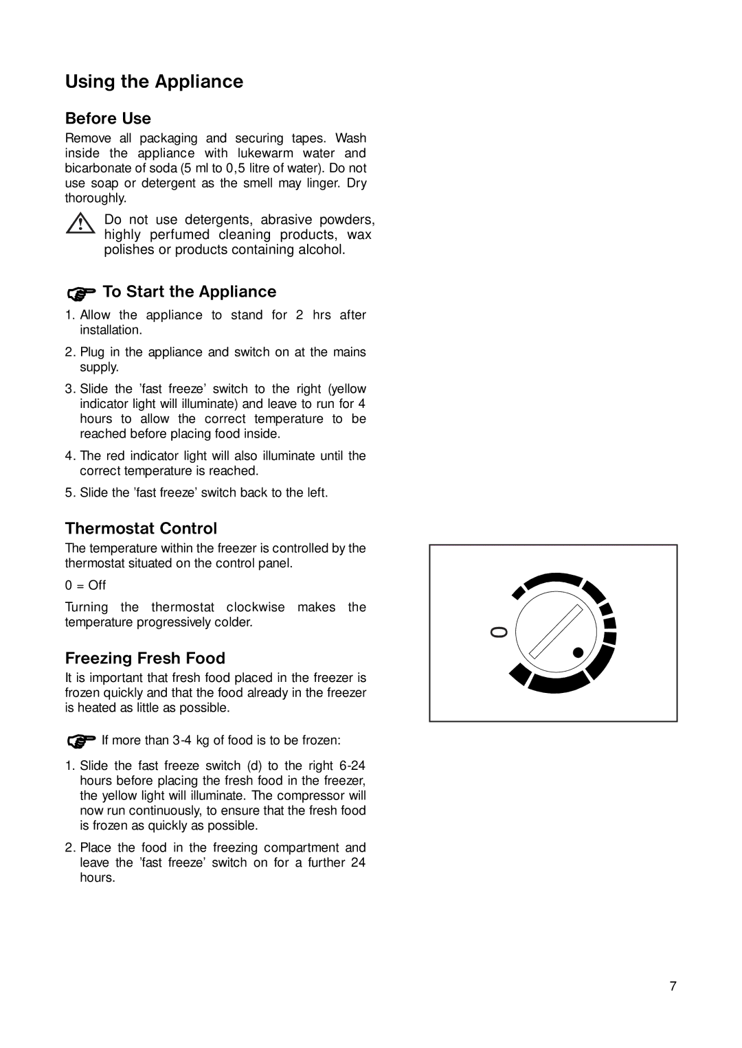 Tricity Bendix TB 45 UF Using the Appliance, Before Use, To Start the Appliance, Thermostat Control, Freezing Fresh Food 