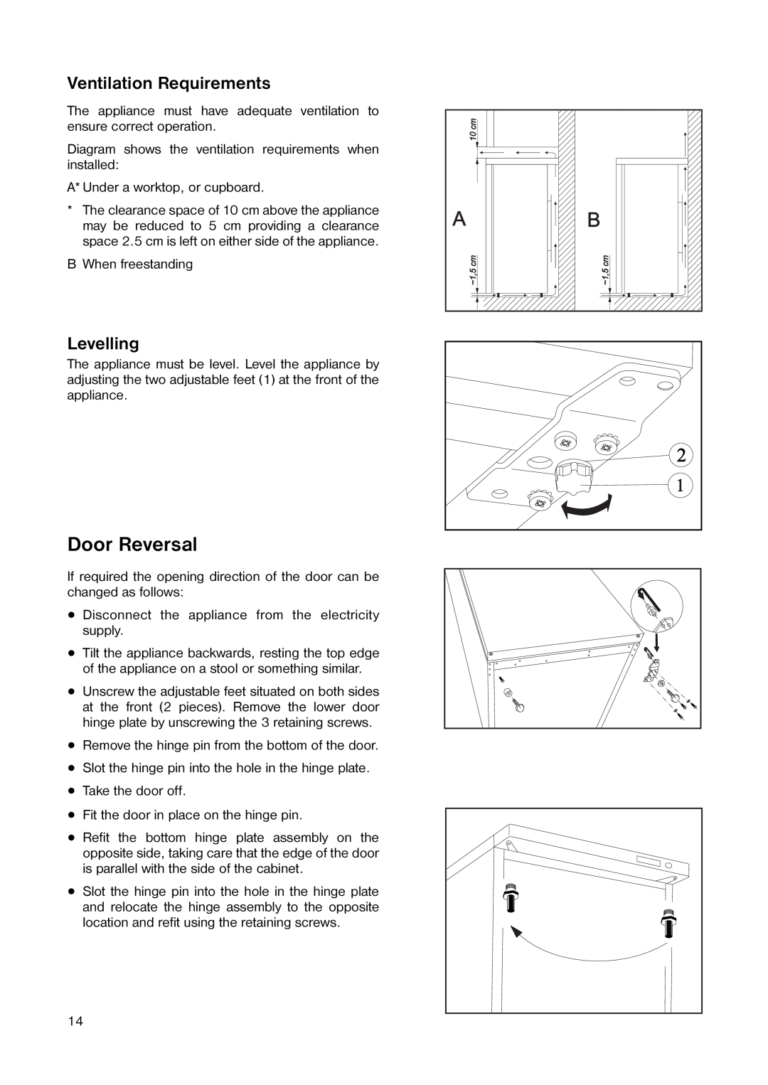 Tricity Bendix TB 45 UF installation instructions Door Reversal, Ventilation Requirements, Levelling 
