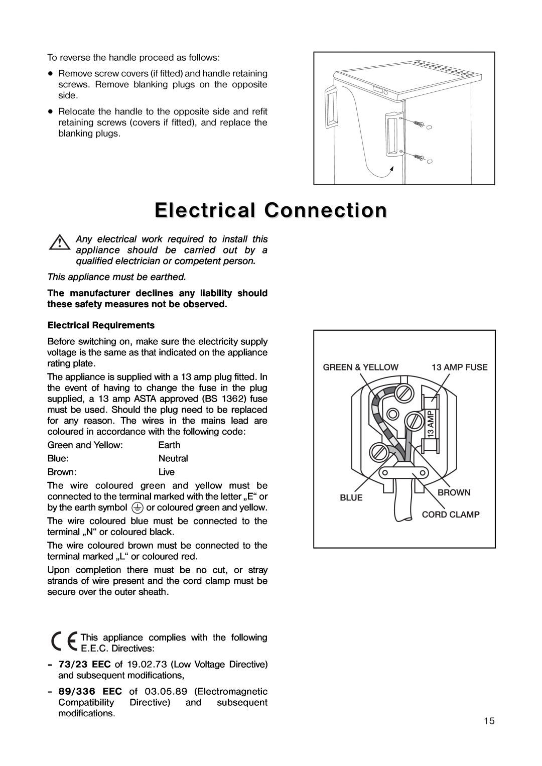 Tricity Bendix TB 45 UF Electrical Connection, This appliance must be earthed, Electrical Requirements 