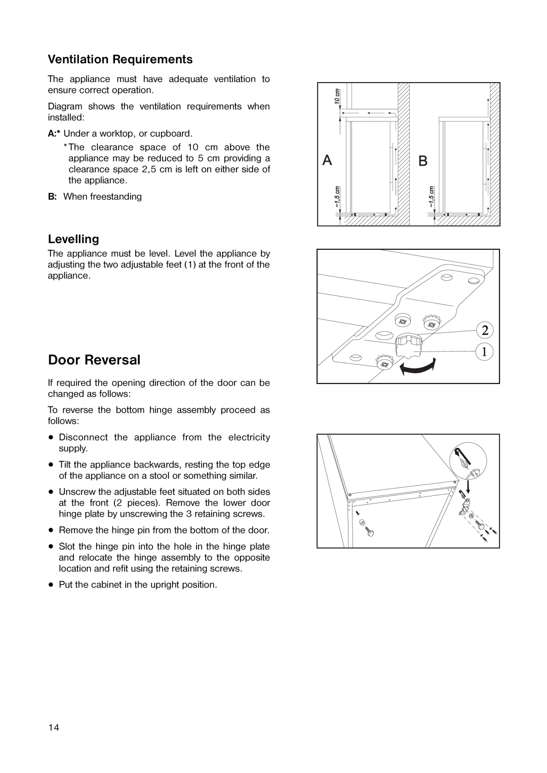 Tricity Bendix TB 55 R installation instructions Door Reversal, Ventilation Requirements, Levelling 