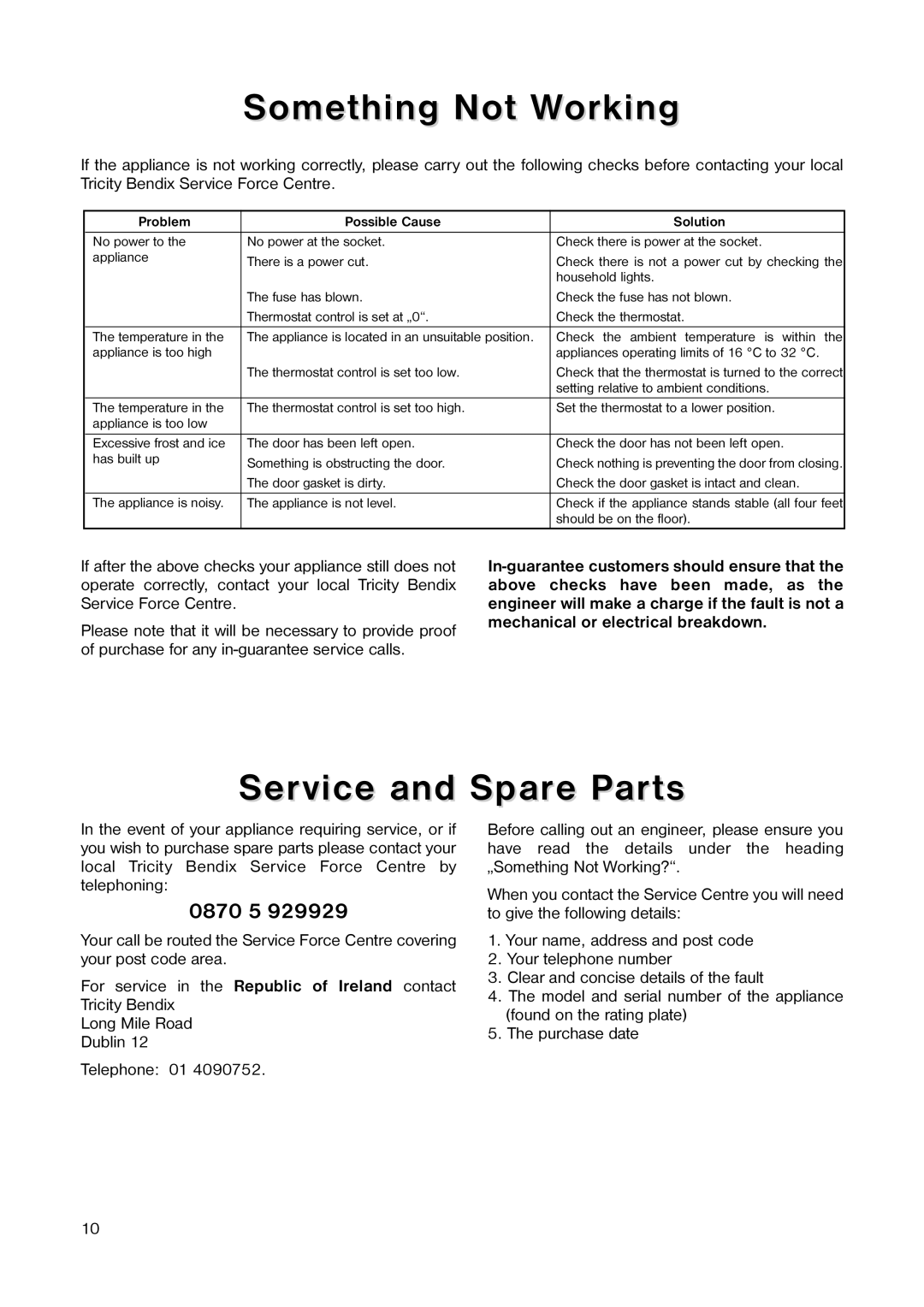 Tricity Bendix TB 56 R installation instructions Something Not Working, Service and Spare Parts, 0870 5 