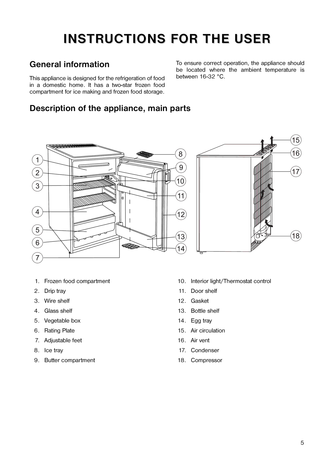 Tricity Bendix TB 56 R installation instructions General information, Description of the appliance, main parts 