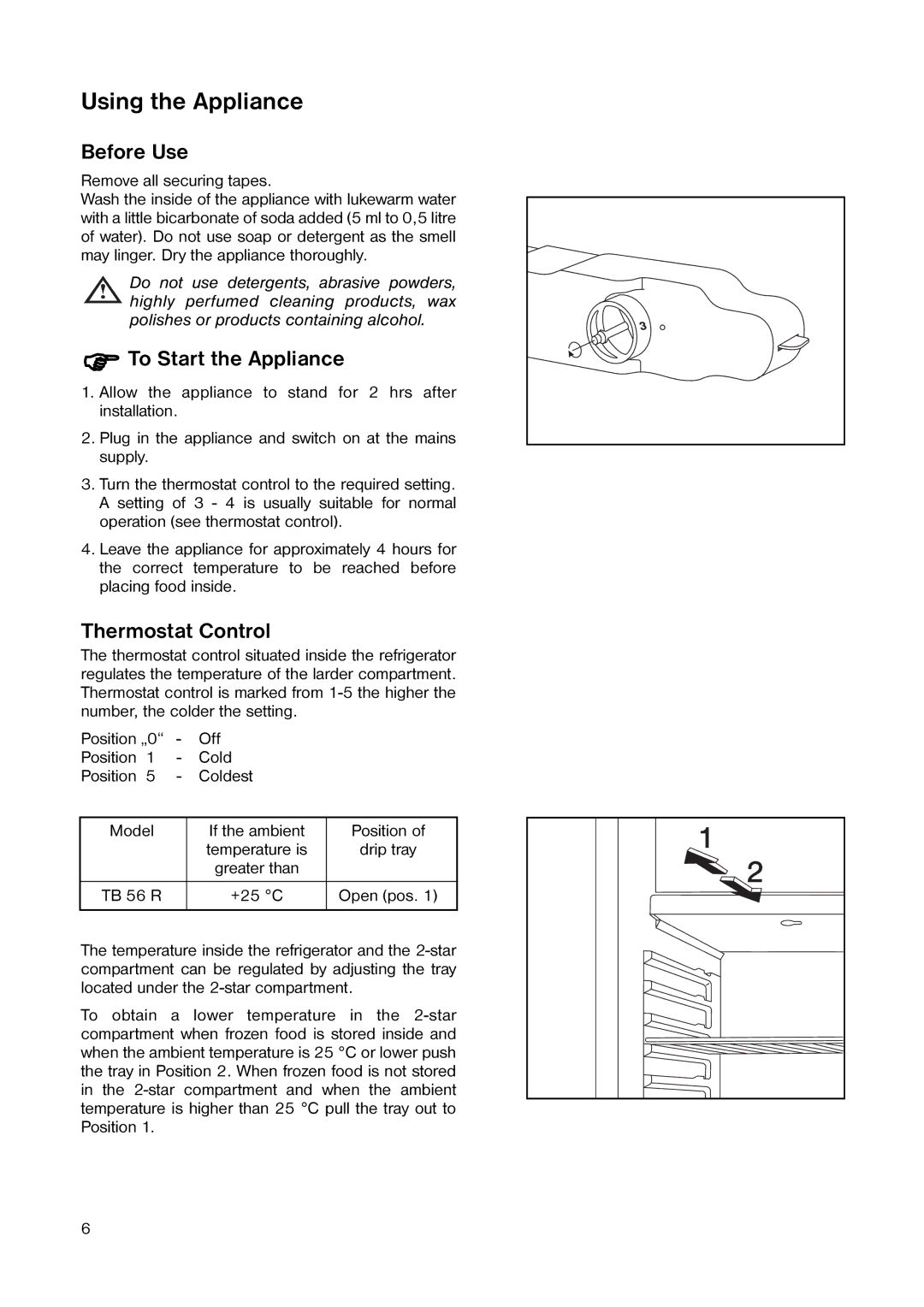 Tricity Bendix TB 56 R Using the Appliance, Before Use, To Start the Appliance, Thermostat Control 