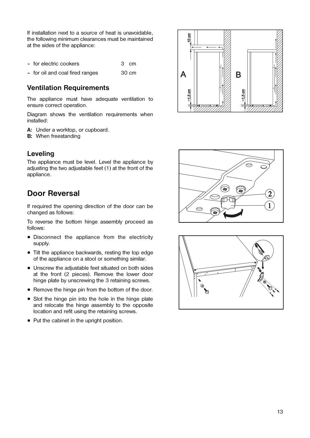 Tricity Bendix TB 56 R installation instructions Door Reversal, Ventilation Requirements, Leveling 