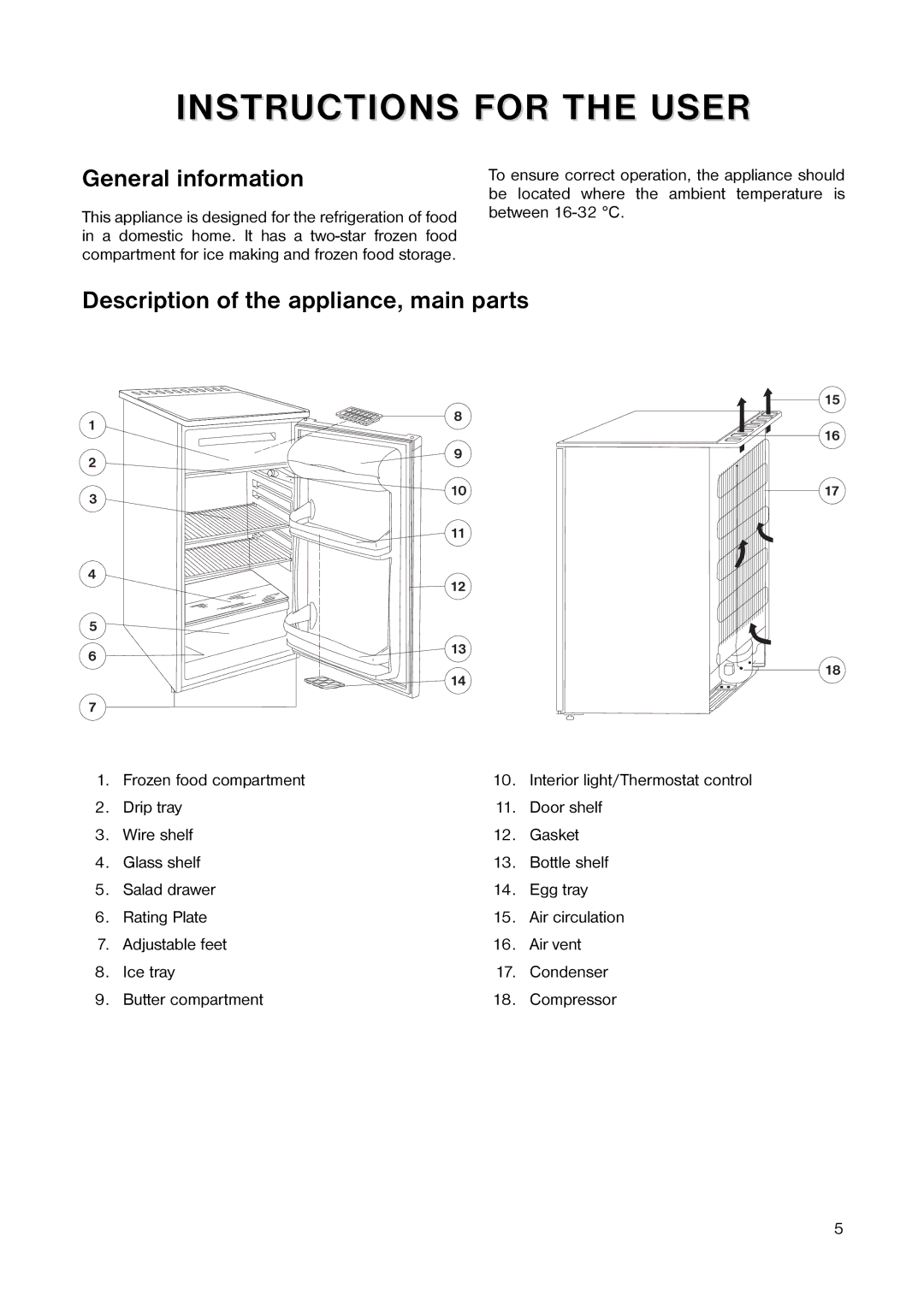 Tricity Bendix TB 58 R installation instructions General information, Description of the appliance, main parts 