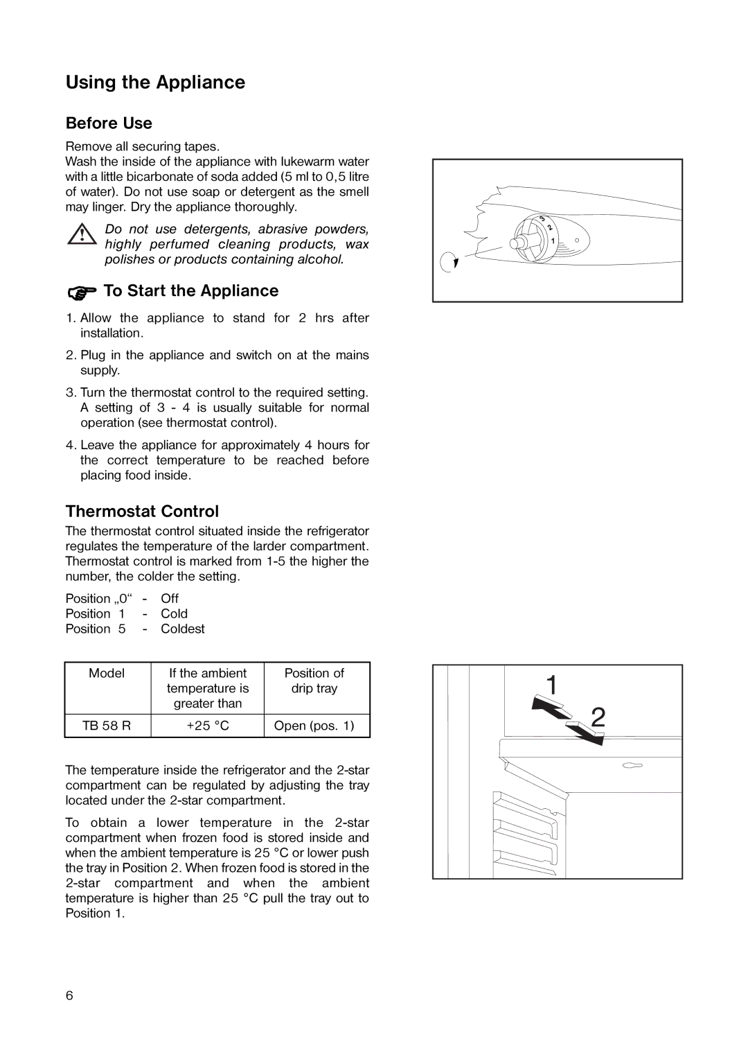 Tricity Bendix TB 58 R Using the Appliance, Before Use, To Start the Appliance, Thermostat Control 