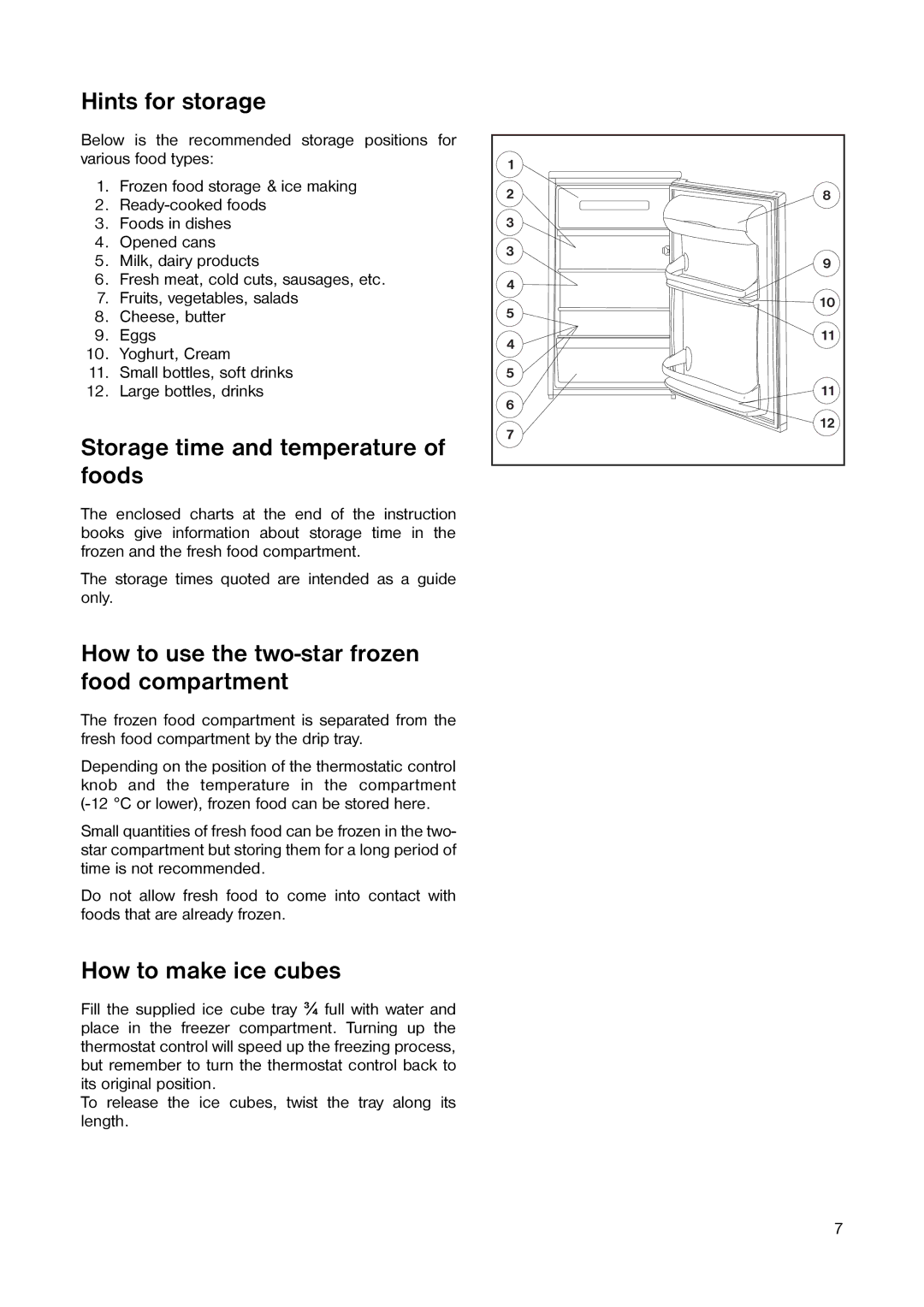 Tricity Bendix TB 58 R Hints for storage, Storage time and temperature of foods, How to make ice cubes 