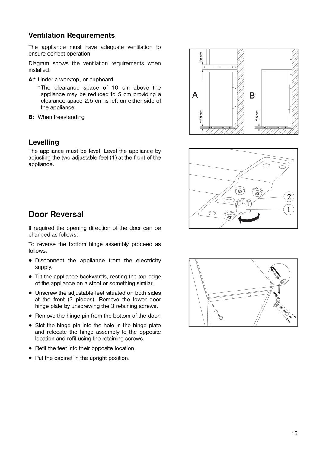 Tricity Bendix TB 58 R installation instructions Door Reversal, Ventilation Requirements, Levelling 