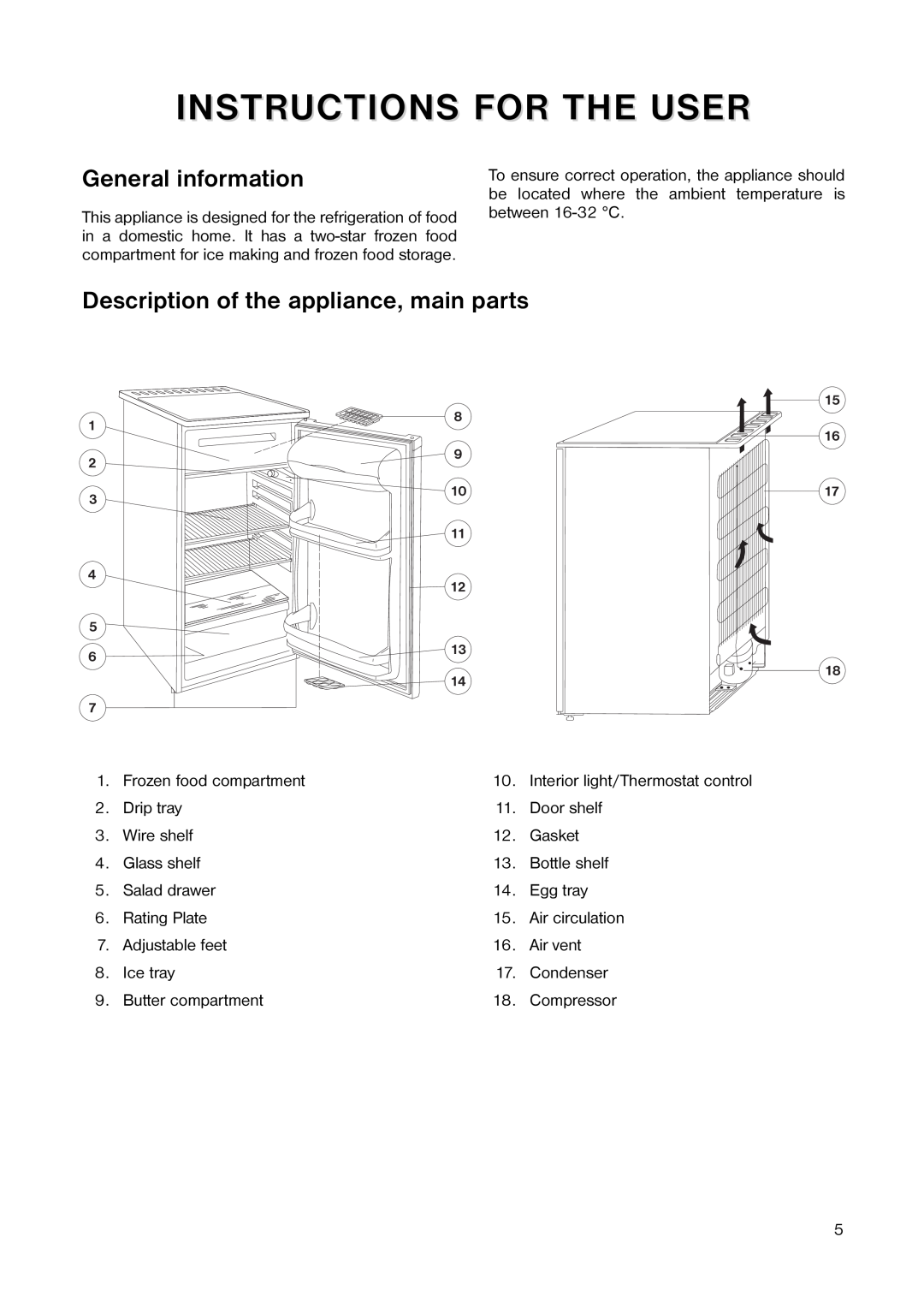 Tricity Bendix TB 58 R Instructions For The User, General information, Description of the appliance, main parts 
