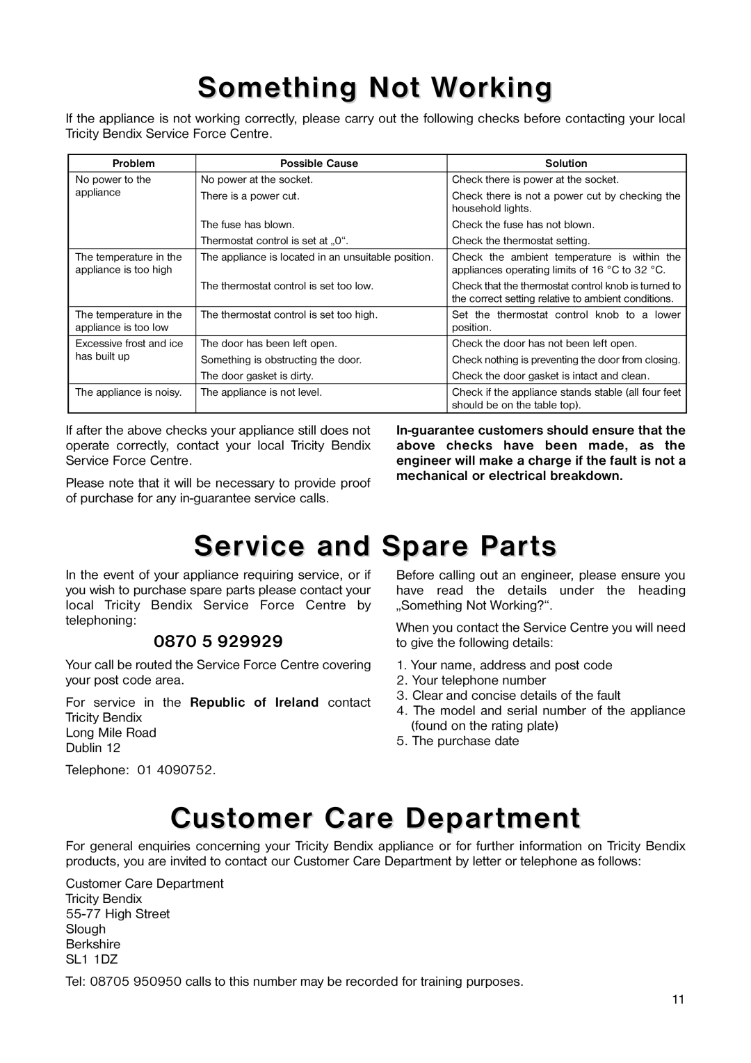 Tricity Bendix TB 584 R Something Not Working, Service and Spare Parts, Customer Care Department, 0870 5 