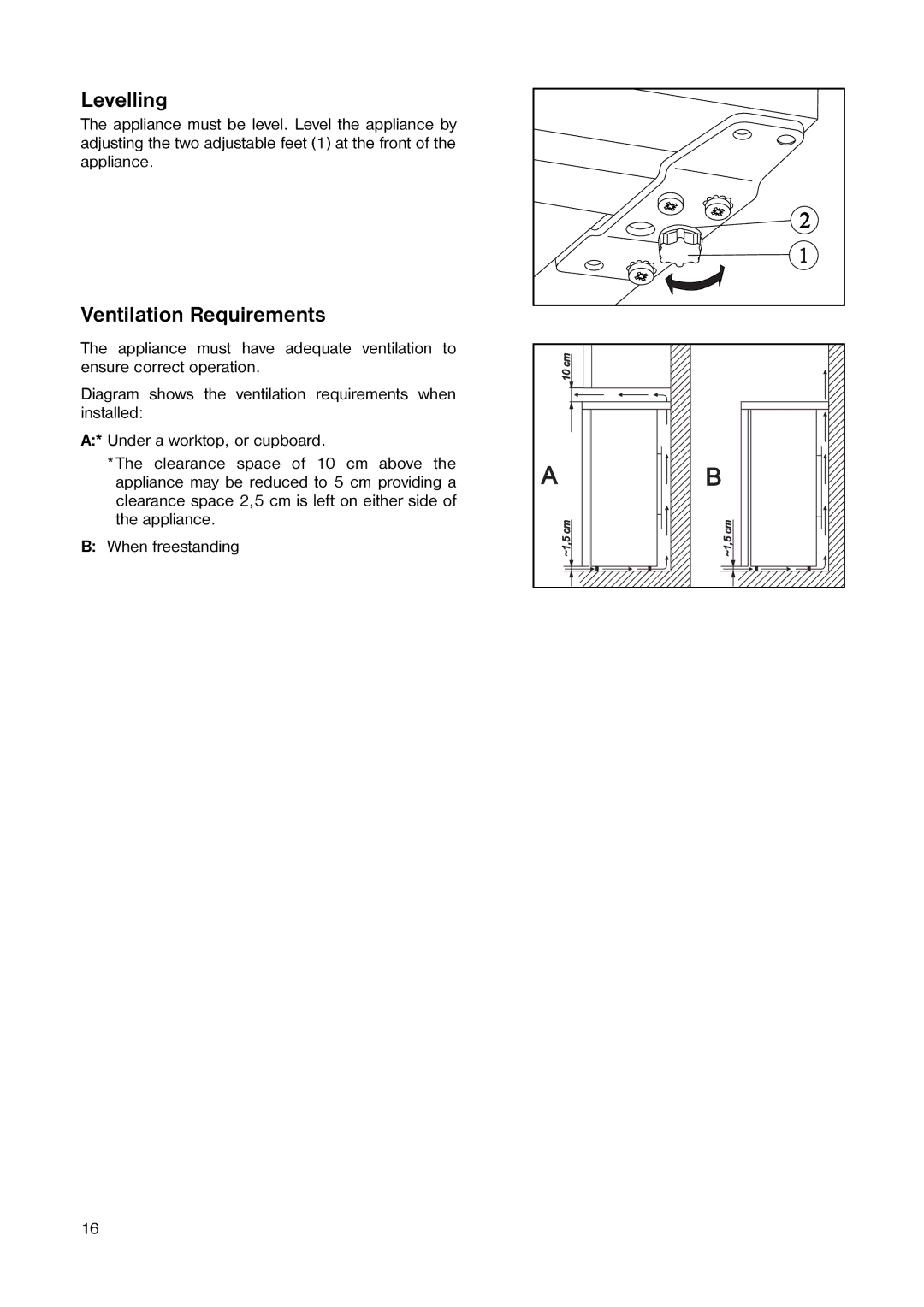 Tricity Bendix TB 584 R installation instructions Levelling, Ventilation Requirements 