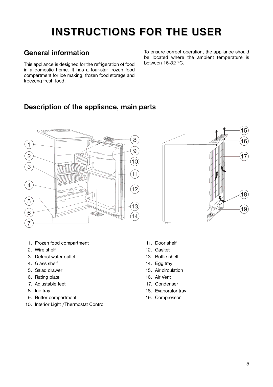 Tricity Bendix TB 584 R installation instructions General information, Description of the appliance, main parts 