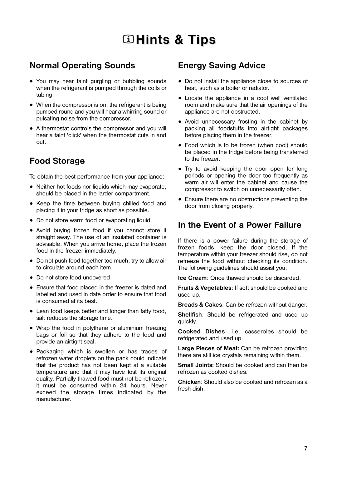 Tricity Bendix TB 584 R Hints & Tips, Normal Operating Sounds, Food Storage, Event of a Power Failure 