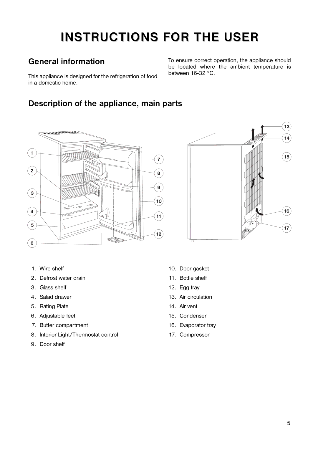 Tricity Bendix TB 59 L installation instructions General information, Description of the appliance, main parts 