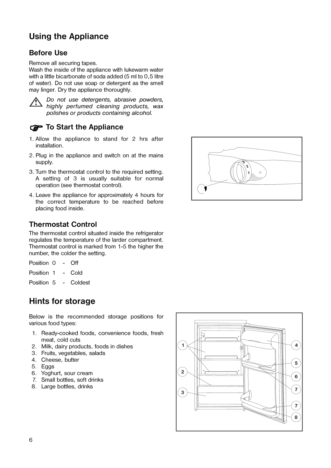 Tricity Bendix TB 59 L installation instructions Using the Appliance, Hints for storage 