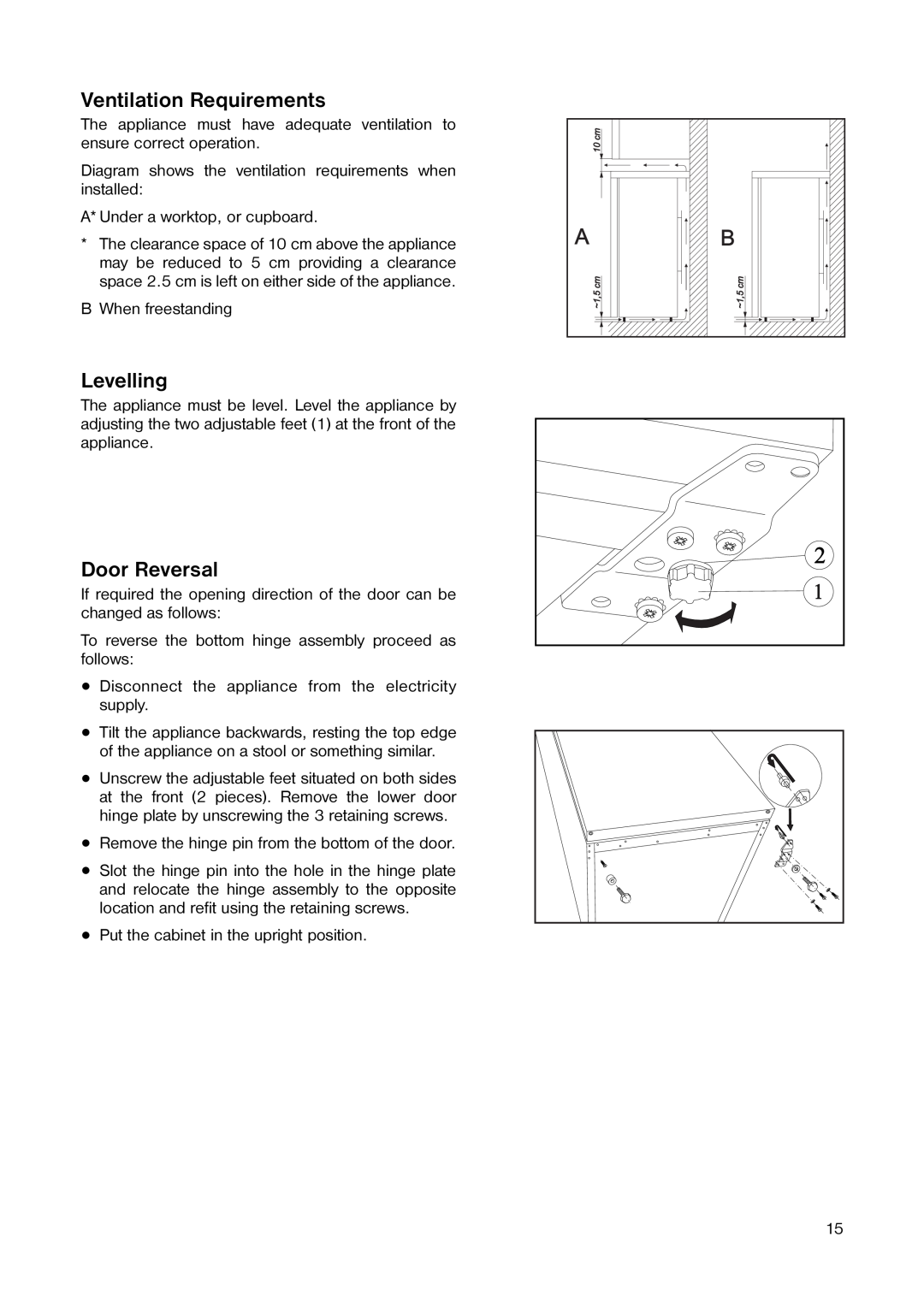 Tricity Bendix TB 59 L installation instructions Ventilation Requirements, Levelling, Door Reversal 