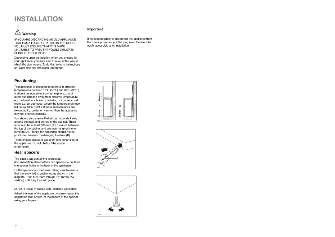 Tricity Bendix TB 80 L installation instructions Installation, Positioning, Rear spacers 