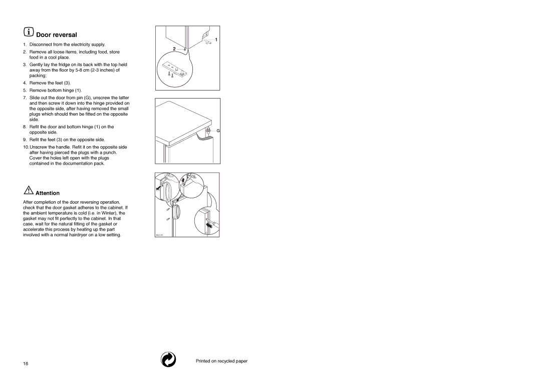 Tricity Bendix TB 80 L installation instructions Door reversal 