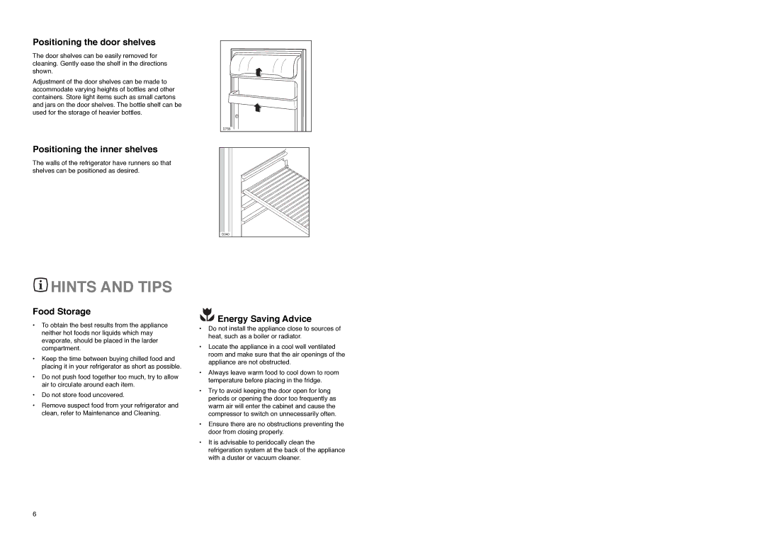 Tricity Bendix TB 80 L Hints and Tips, Positioning the door shelves, Positioning the inner shelves, Food Storage 