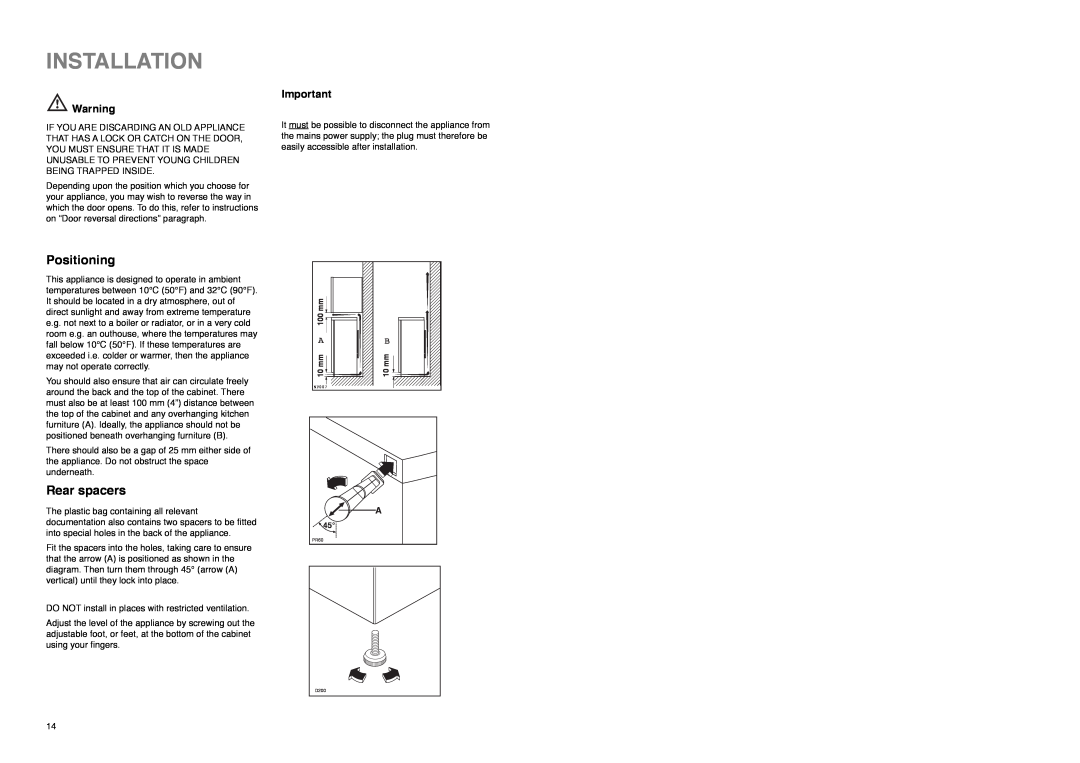 Tricity Bendix TB 80 L installation instructions Installation, Positioning, Rear spacers 