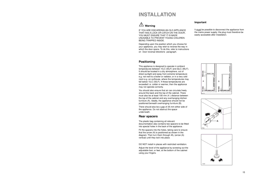 Tricity Bendix TB 85 F installation instructions Installation, Positioning, Rear spacers 