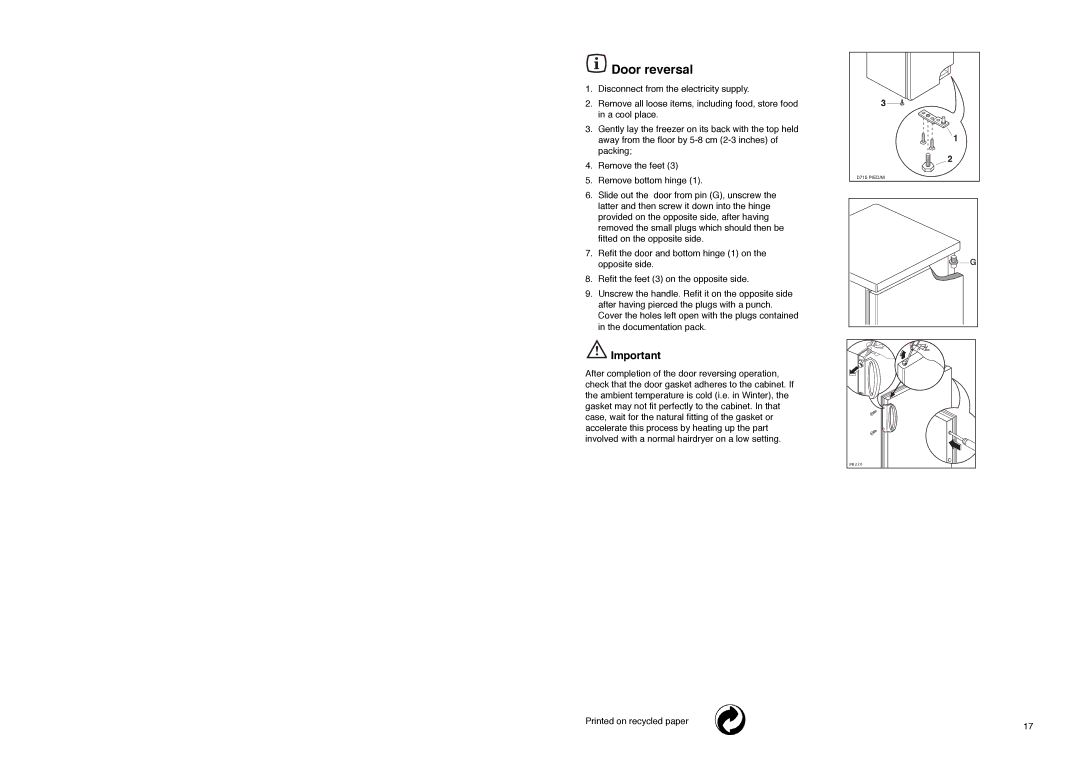 Tricity Bendix TB 85 F installation instructions Door reversal 