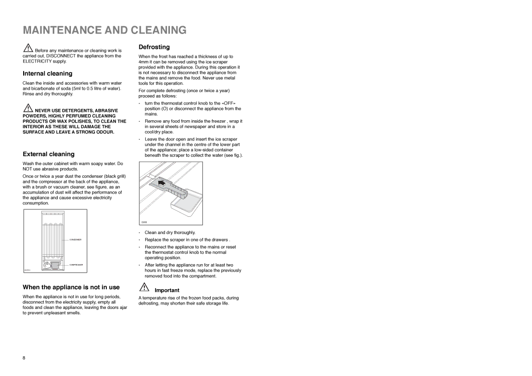 Tricity Bendix TB 85 F installation instructions Maintenance and Cleaning, Internal cleaning, External cleaning, Defrosting 