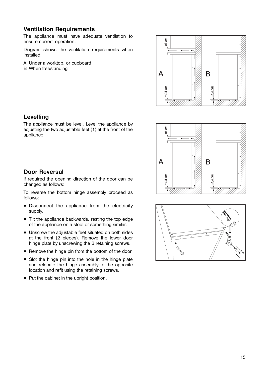Tricity Bendix TB 89 L installation instructions Ventilation Requirements, Levelling, Door Reversal 