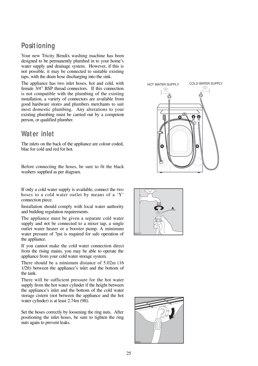 Tricity Bendix TB1000 W installation instructions Positioning, Water inlet 