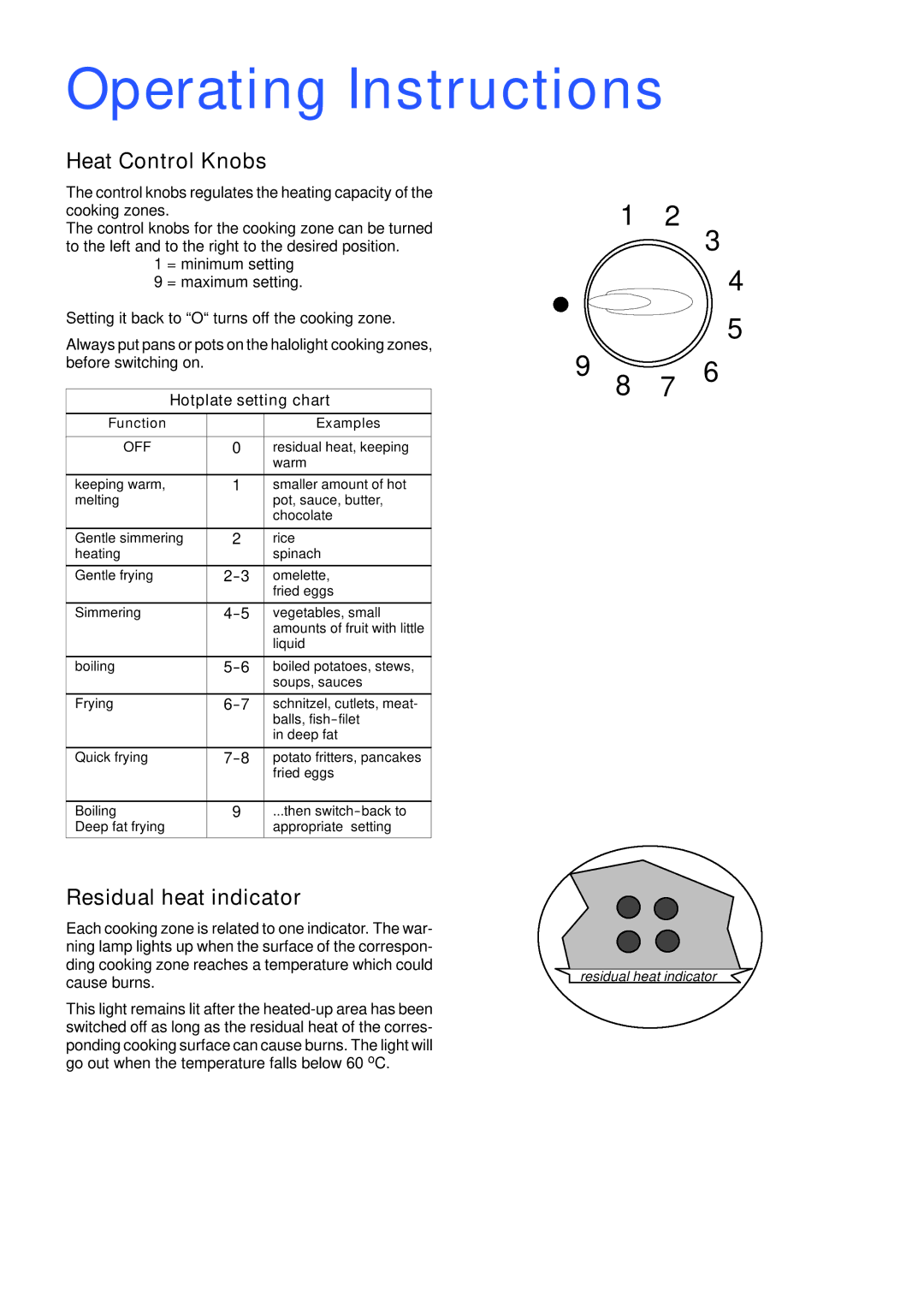 Tricity Bendix TBC 650 BL manual Operating Instructions, Heat Control Knobs, Residual heat indicator 