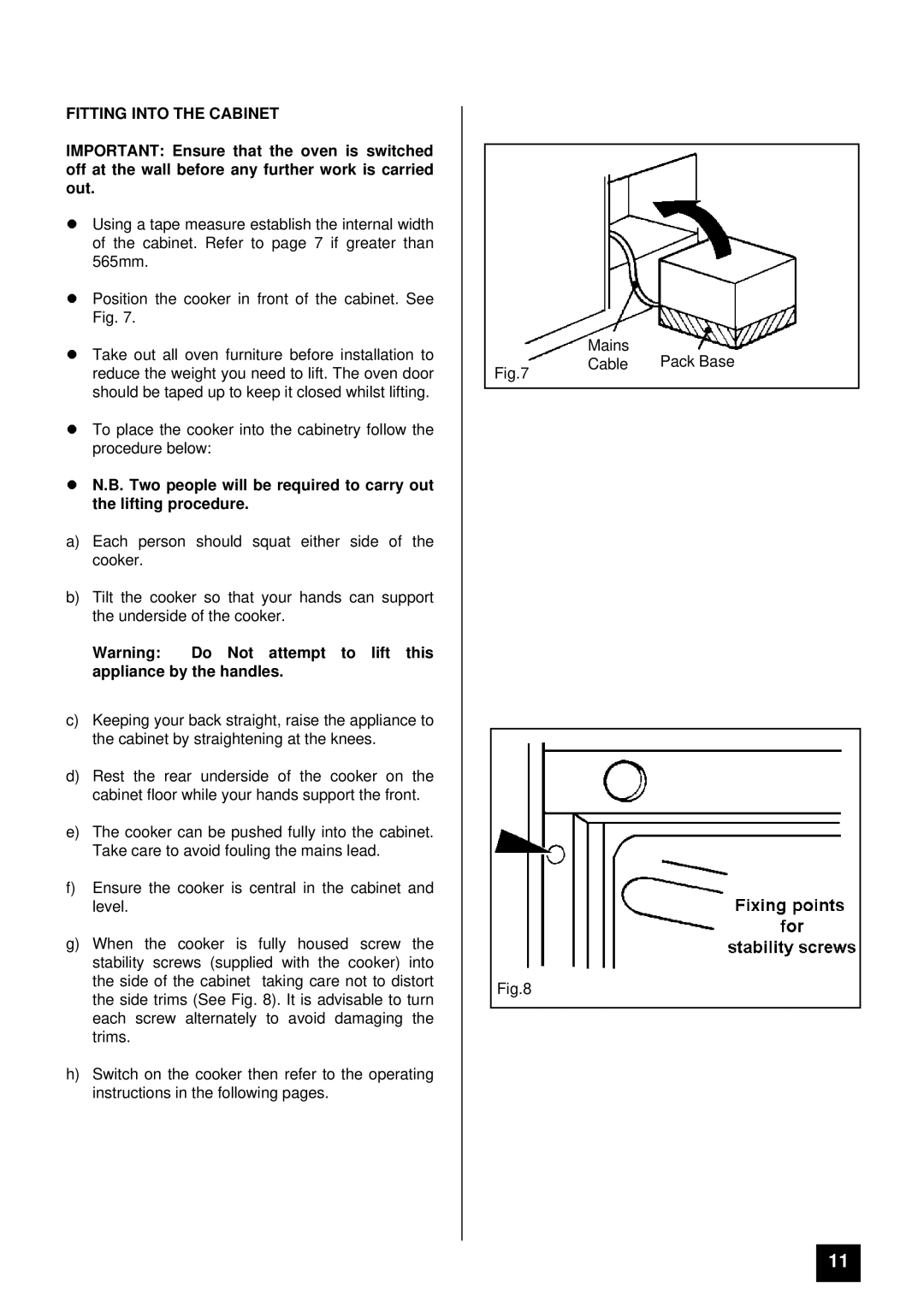 Tricity Bendix TBD903 installation instructions Fitting Into the Cabinet 