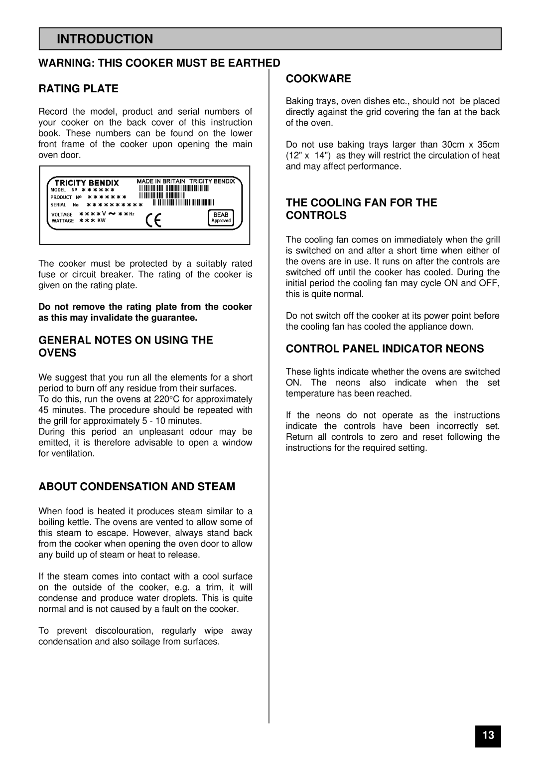 Tricity Bendix TBD903 Rating Plate, General Notes on Using Ovens, About Condensation and Steam, Cookware 