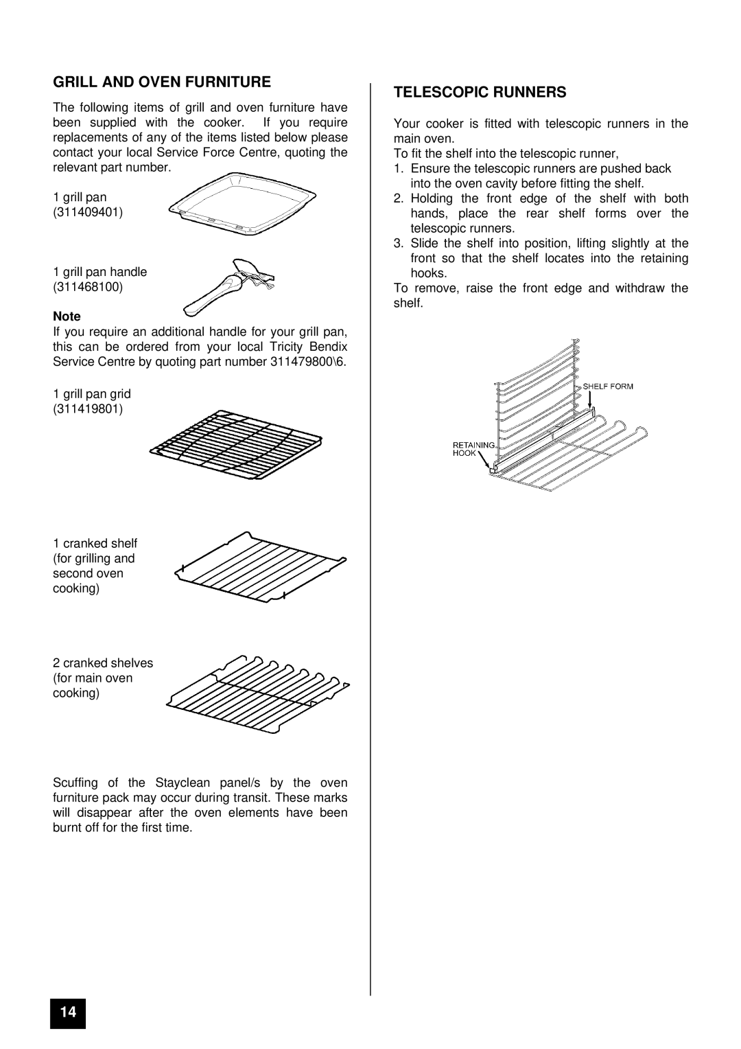 Tricity Bendix TBD903 installation instructions Grill and Oven Furniture, Telescopic Runners 