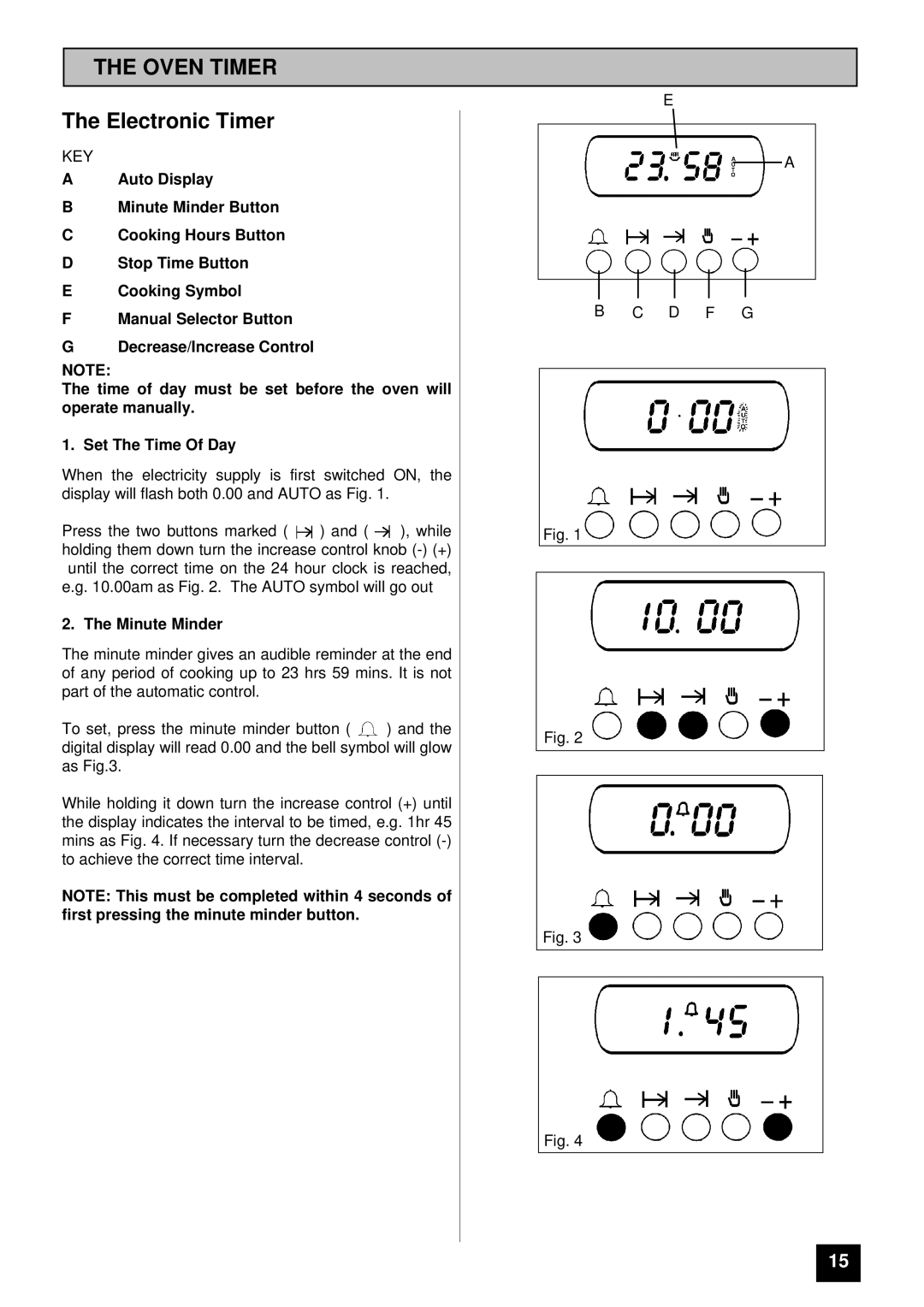 Tricity Bendix TBD903 installation instructions Oven Timer, Key, Minute Minder, D F G 