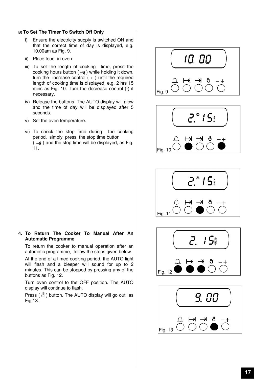 Tricity Bendix TBD903 To Set The Timer To Switch Off Only, To Return The Cooker To Manual After An Automatic Programme 