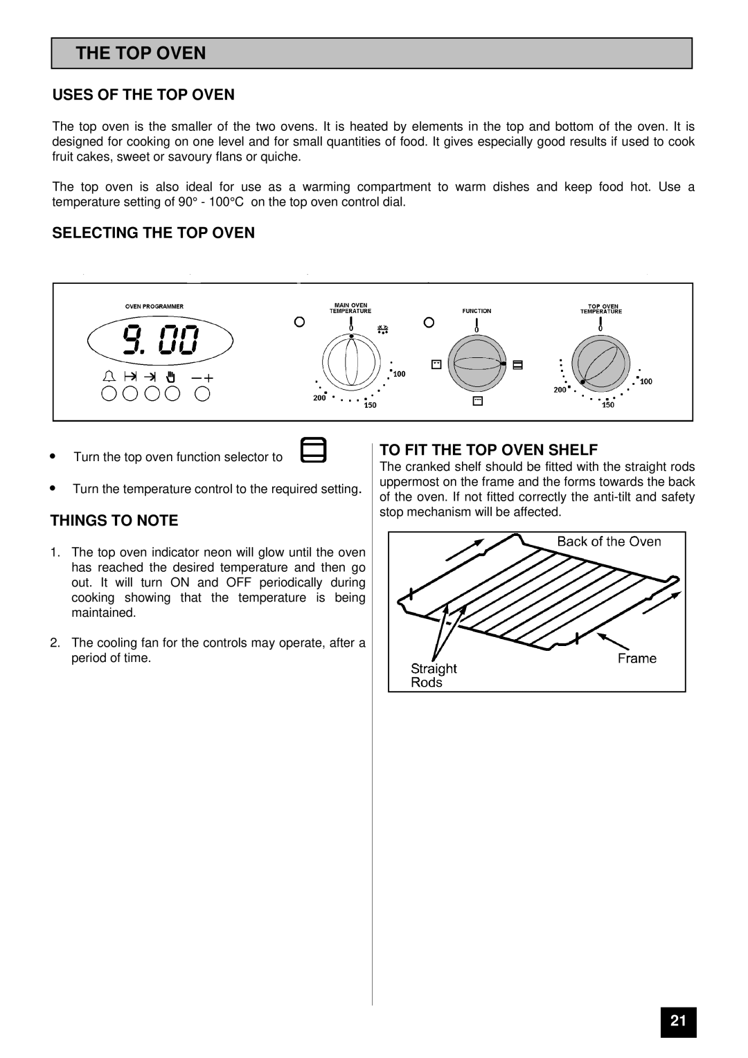 Tricity Bendix TBD903 installation instructions Uses of the TOP Oven, Selecting the TOP Oven, To FIT the TOP Oven Shelf 