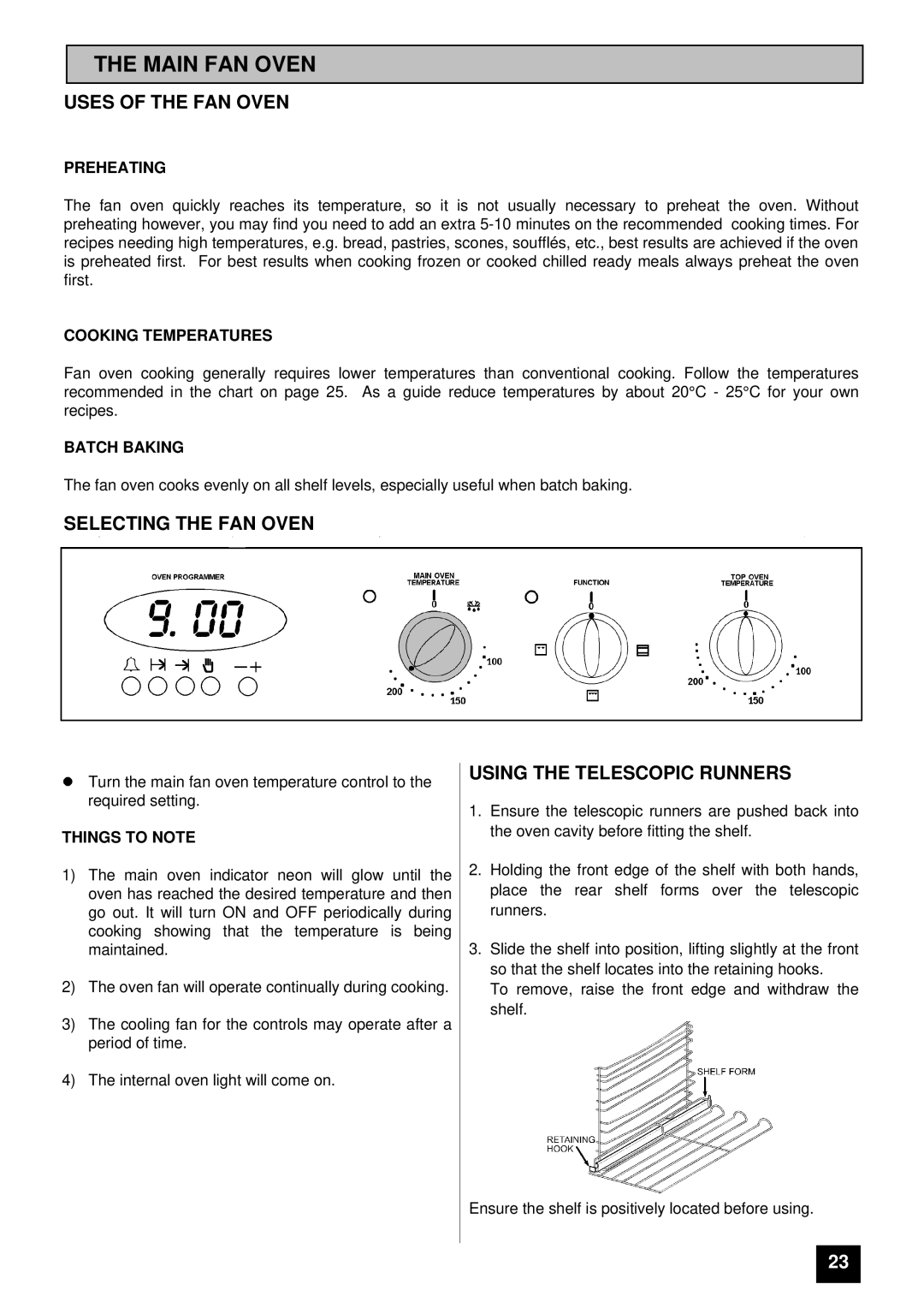 Tricity Bendix TBD903 Main FAN Oven, Uses of the FAN Oven, Selecting the FAN Oven, Using the Telescopic Runners 