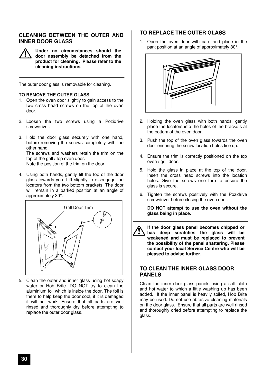 Tricity Bendix TBD903 installation instructions Cleaning Between the Outer and Inner Door Glass, To Replace the Outer Glass 