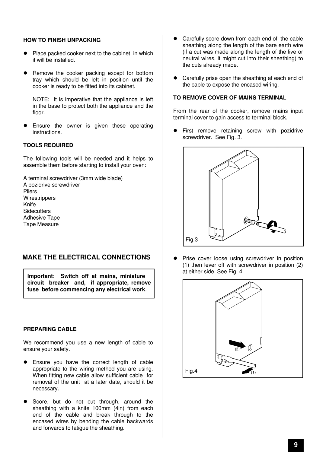 Tricity Bendix TBD903 Make the Electrical Connections, HOW to Finish Unpacking, Tools Required, Preparing Cable 