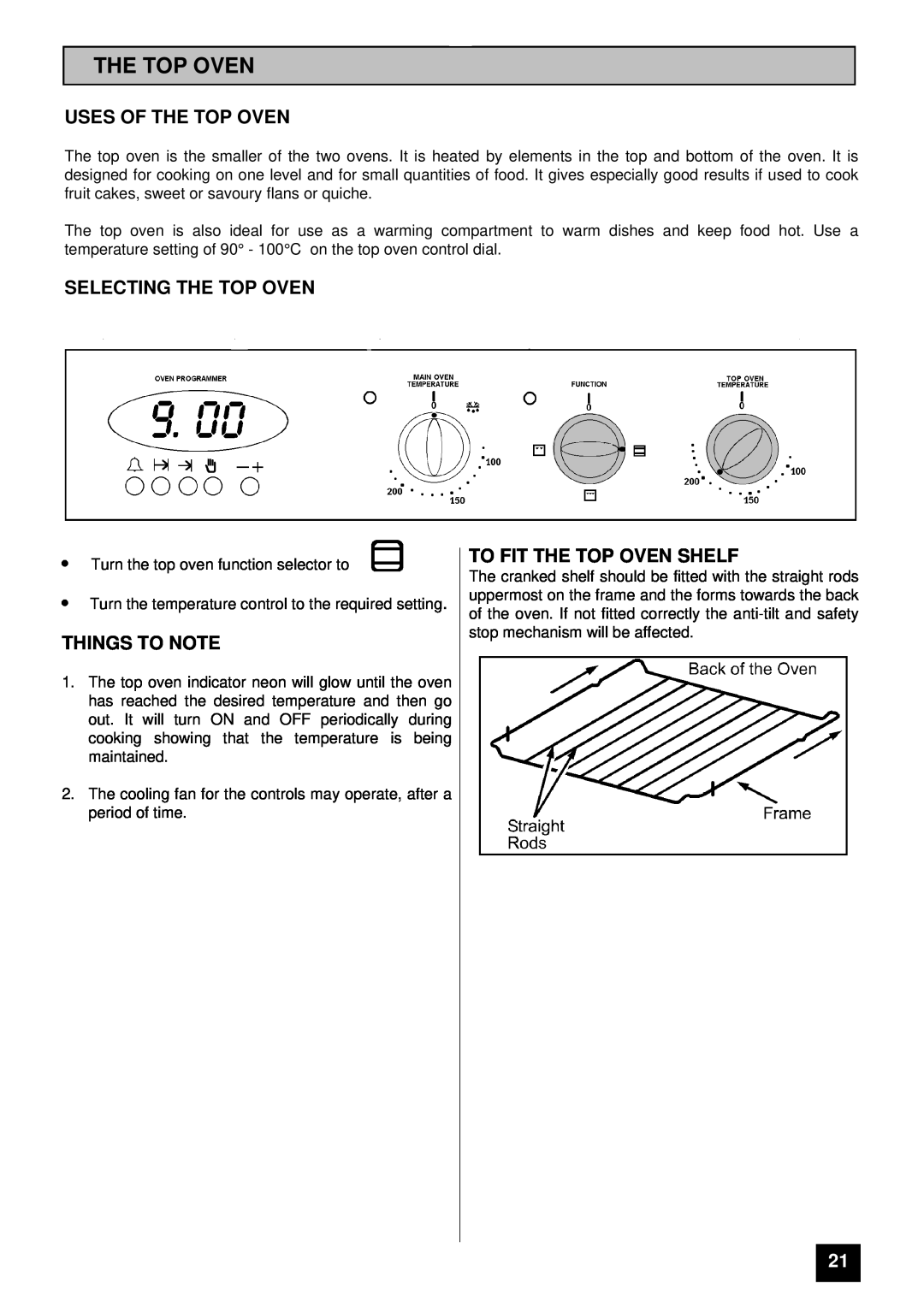 Tricity Bendix TBD903 Uses Of The Top Oven, Selecting The Top Oven, To Fit The Top Oven Shelf, Things To Note 