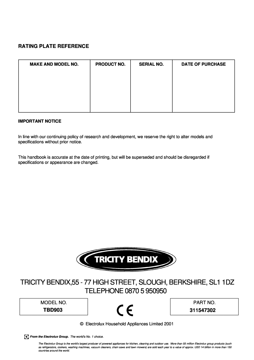 Tricity Bendix TBD903 Rating Plate Reference, 311547302, Make And Model No, Product No, Serial No, Date Of Purchase 