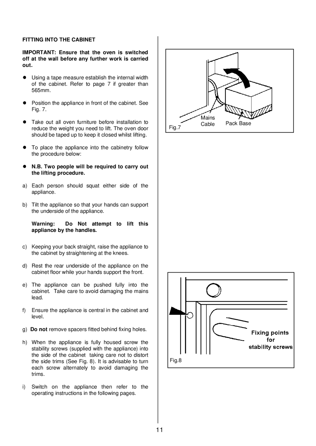 Tricity Bendix TBD913 installation instructions Fitting Into the Cabinet 