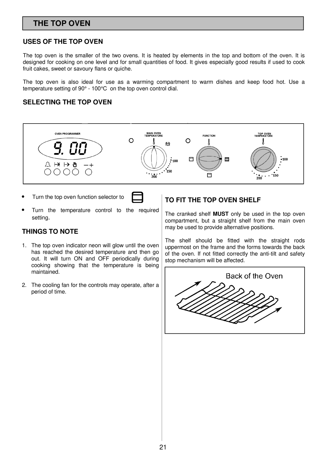 Tricity Bendix TBD913 installation instructions Uses of the TOP Oven, Selecting the TOP Oven, To FIT the TOP Oven Shelf 